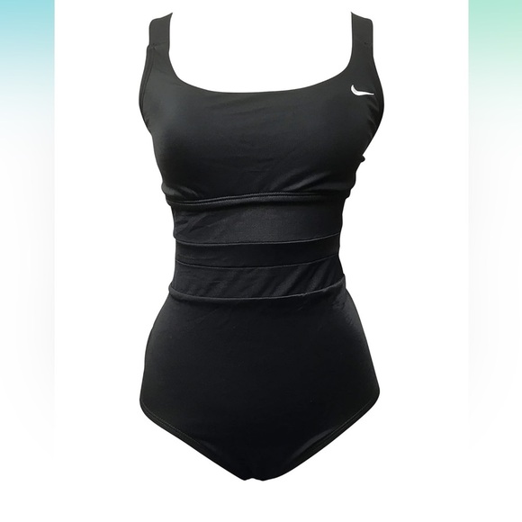 Nike Mesh Solid Edge V-Back One Piece Swimsuit, Black, Medium - NWT - Picture 2 of 6